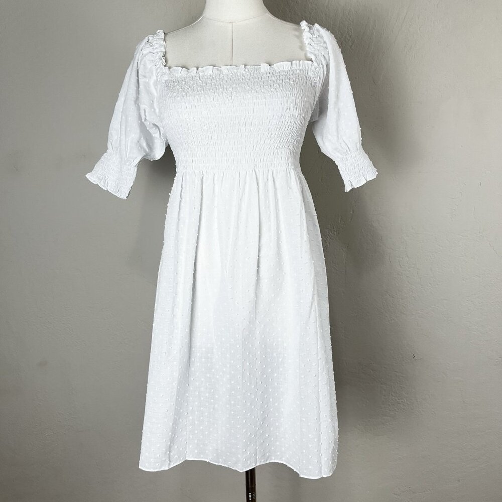 NEW Hill House The Athena Nap Dress Swiss Dot White XS Babydoll Mini Puff Sleeve